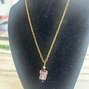 Hand made Gold Chain Necklace with Iridescent Multicolor Crystal Pendant